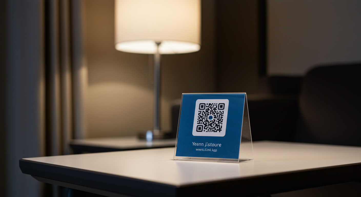 QR code tent card on a hotel room desk