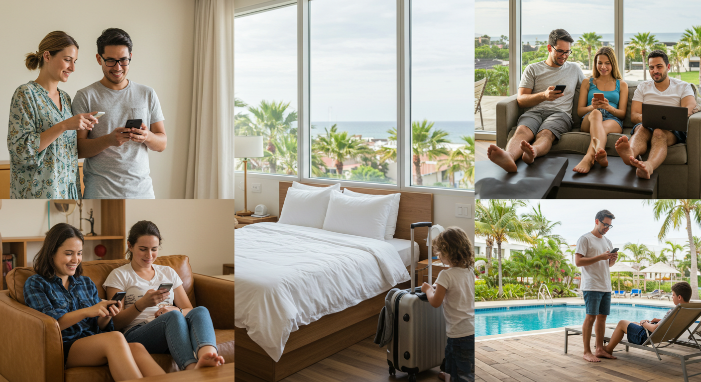 Guests using smartphones in a hotel setting